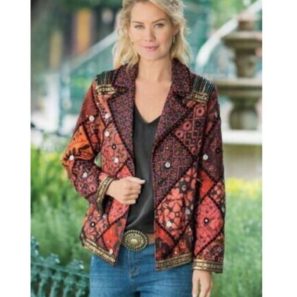 Soft Surroundings‎ Patchwork Blazer Jacket Medium Boho Western Gypsy India